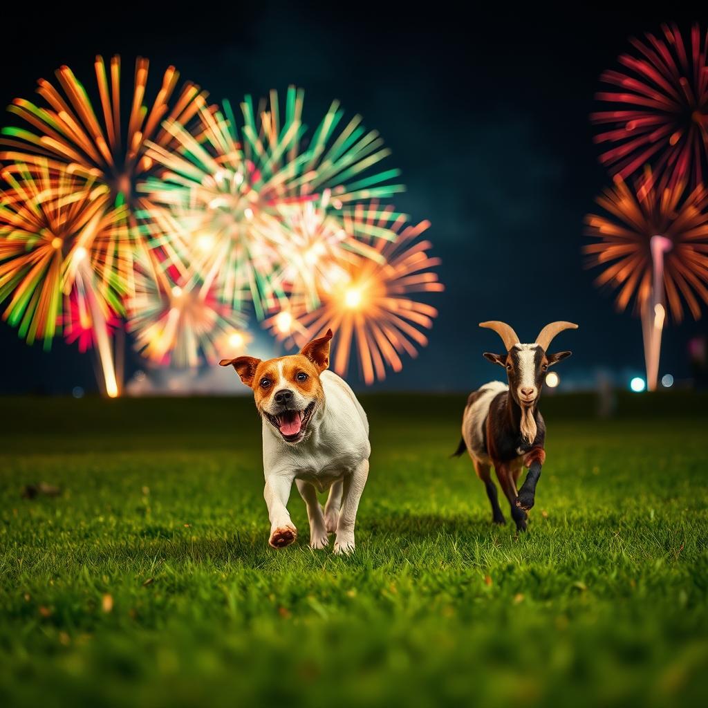 A dog energetically chasing a goat across a green field, both animals exhibiting playful expressions
