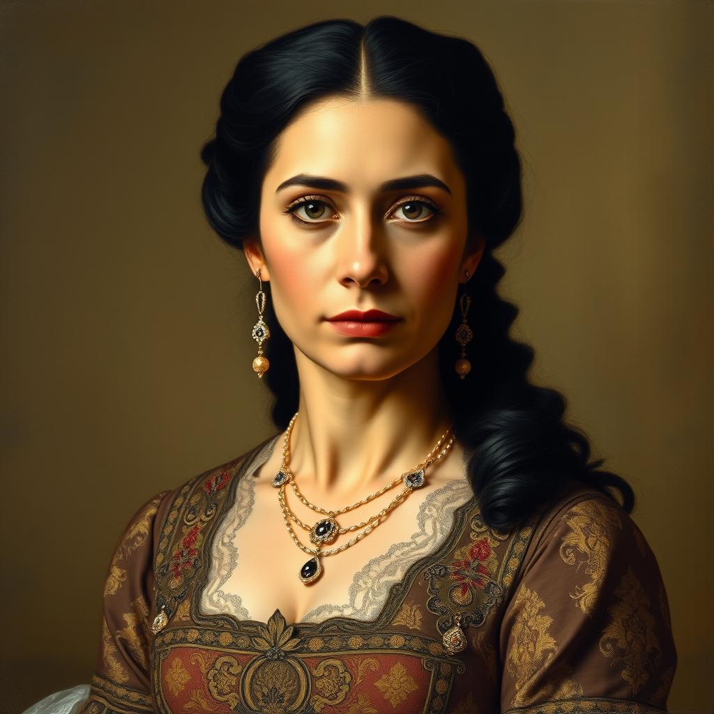 A frontal portrait of Manuela Saenz, inspired by the painting of Marco Salas Yepes, showcasing her dignified and determined expression