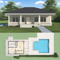 Generate a 81'x62' house plan that includes 20' front parking, 10' set back on both sides, a swimming pool, and canopies.