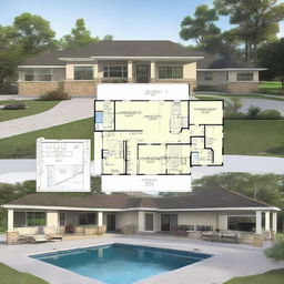 Generate a 81'x62' house plan that includes 20' front parking, 10' set back on both sides, a swimming pool, and canopies.