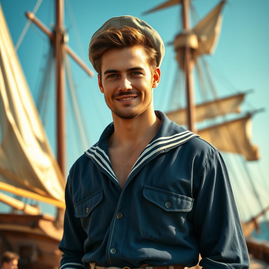A strikingly handsome man with a tan complexion, deep brown hair, and expressive black eyes, dressed in vintage sailor attire reminiscent of the old days