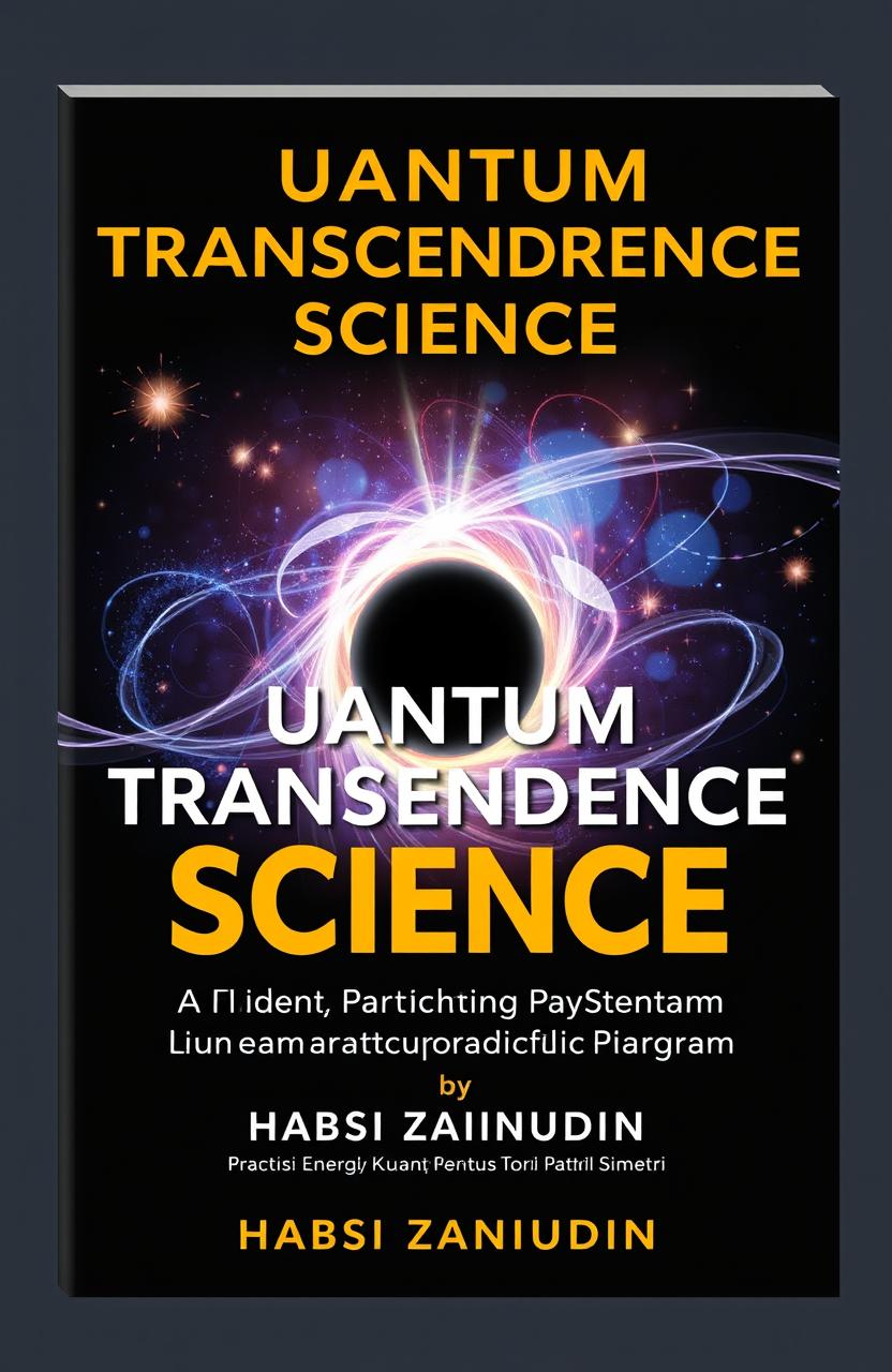 A book cover design for "Quantum Transcendence Science: A New Scientific Paradigm" by Habsi Zainuddin, Praktisi Energi Kuantum, Pencetus Teori Nuklir Partikel Simetri