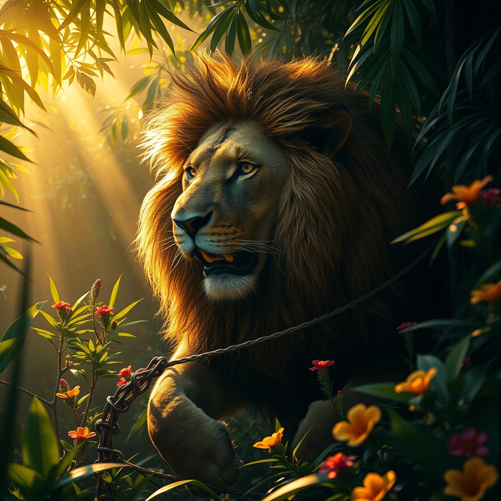 A majestic big lion, exuding strength and grace, caught in the dense atmosphere of a lush jungle