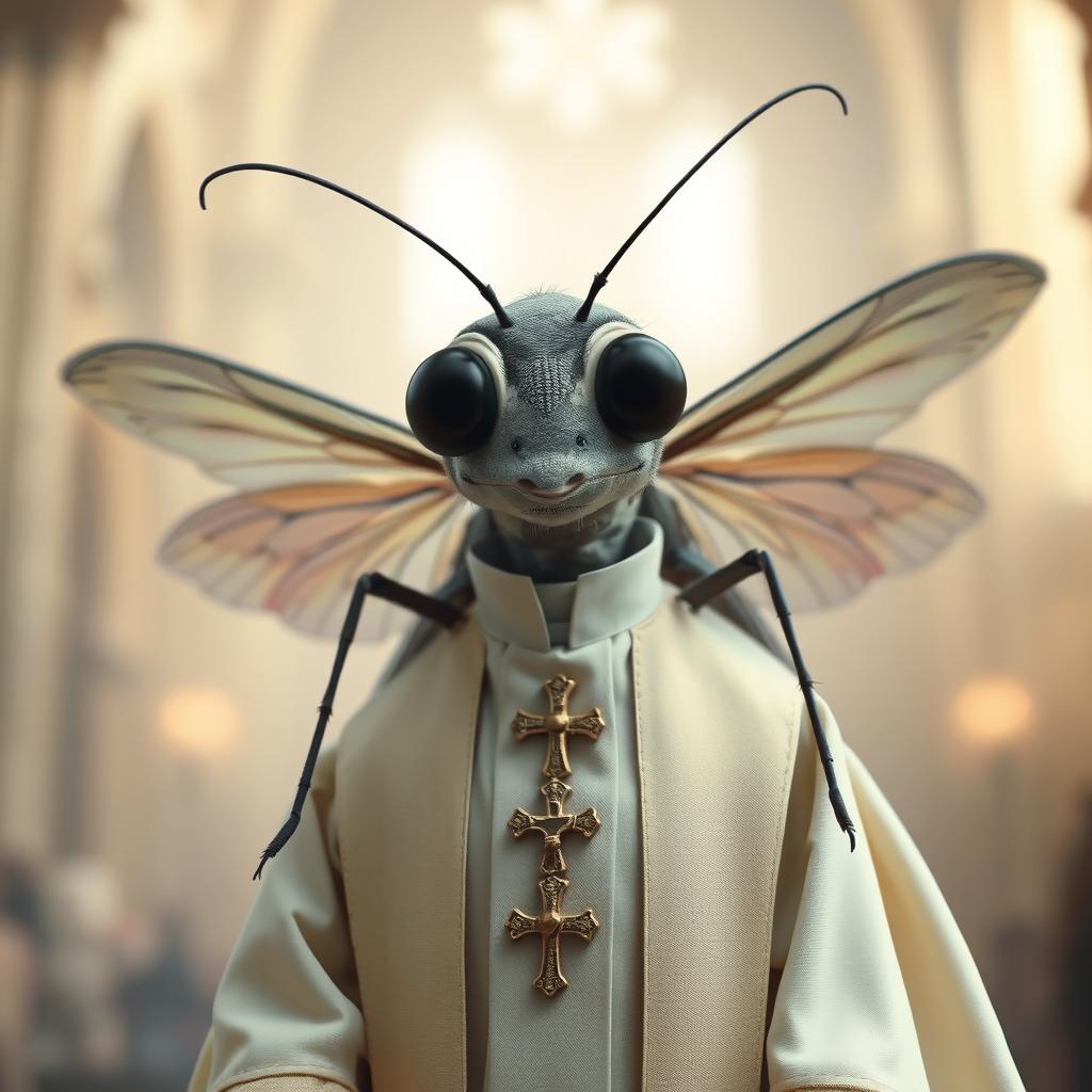 A humanoid mosquito dressed in traditional priest's clothing, complete with a long robe, a collar, and a cross around its neck