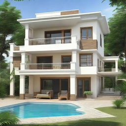 Generate a 81'x62' Indian style house plan with 20' front parking, 10' setback on both sides, featuring a swimming pool and canopies.