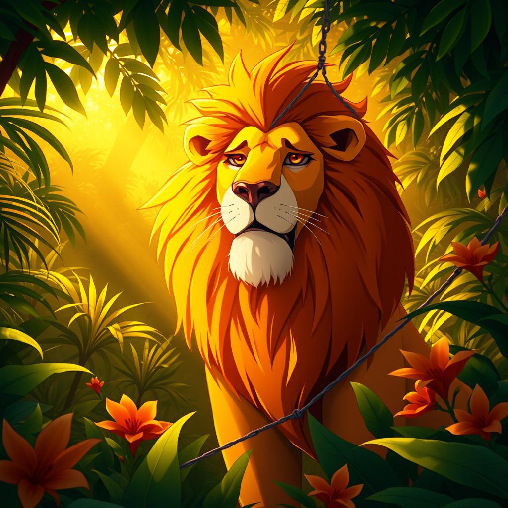 An animated scene depicting a majestic big lion in a lush, vibrant jungle