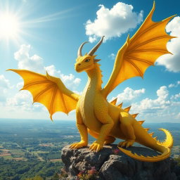 A majestic yellow dragon-like creature, known as a draconido, with shimmering scales that reflect sunlight
