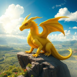 A majestic yellow dragon-like creature, known as a draconido, with shimmering scales that reflect sunlight