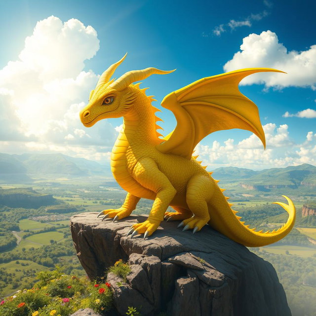 A majestic yellow dragon-like creature, known as a draconido, with shimmering scales that reflect sunlight