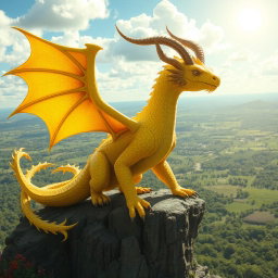 A majestic yellow dragon-like creature, known as a draconido, with shimmering scales that reflect sunlight