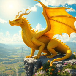 A majestic yellow dragon-like creature, known as a draconido, with shimmering scales that reflect sunlight