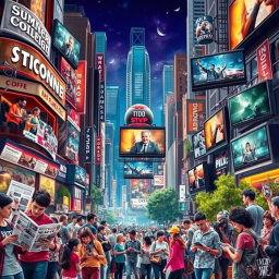 A vibrant and engaging collage representing the integration of print media, broadcast media, and new media in the everyday lives of people