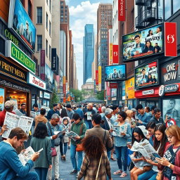 A vibrant and engaging collage representing the integration of print media, broadcast media, and new media in the everyday lives of people