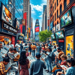 A vibrant and engaging collage representing the integration of print media, broadcast media, and new media in the everyday lives of people