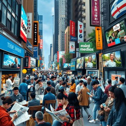 A vibrant and engaging collage representing the integration of print media, broadcast media, and new media in the everyday lives of people