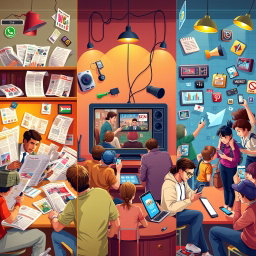 A vibrant and engaging depiction of various forms of media in everyday life