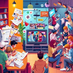 A vibrant and engaging depiction of various forms of media in everyday life