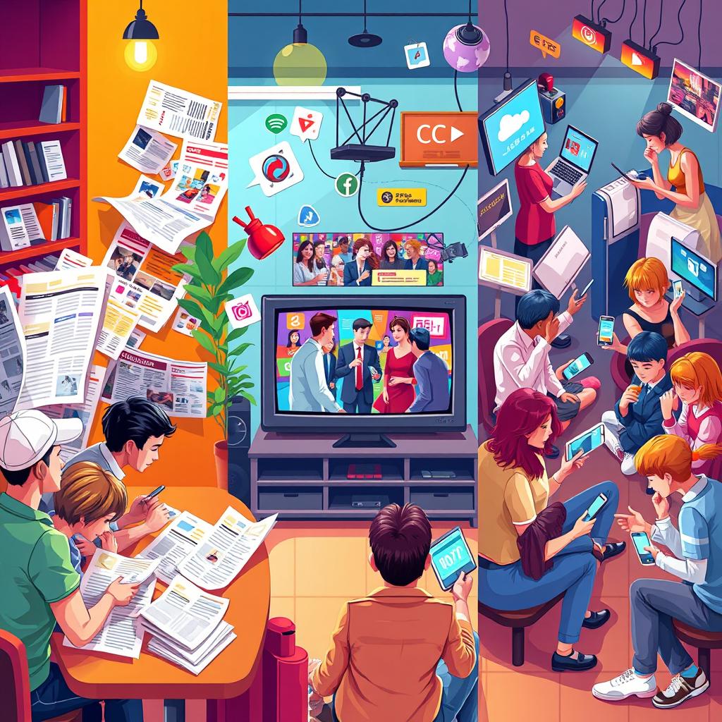 A vibrant and engaging depiction of various forms of media in everyday life
