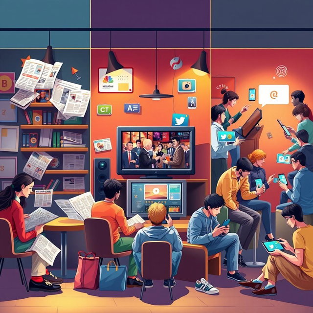 A vibrant and engaging depiction of various forms of media in everyday life