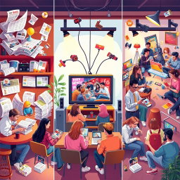 A vibrant and engaging depiction of various forms of media in everyday life