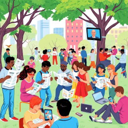 A vibrant and dynamic illustration depicting the integration of various forms of media in daily life