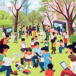 A vibrant and dynamic illustration depicting the integration of various forms of media in daily life