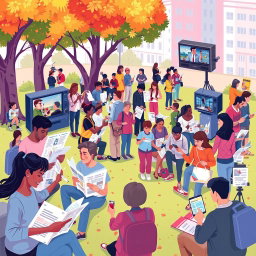 A vibrant and dynamic illustration depicting the integration of various forms of media in daily life