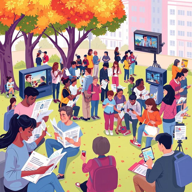 A vibrant and dynamic illustration depicting the integration of various forms of media in daily life