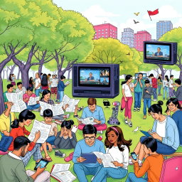 A vibrant and dynamic illustration depicting the integration of various forms of media in daily life