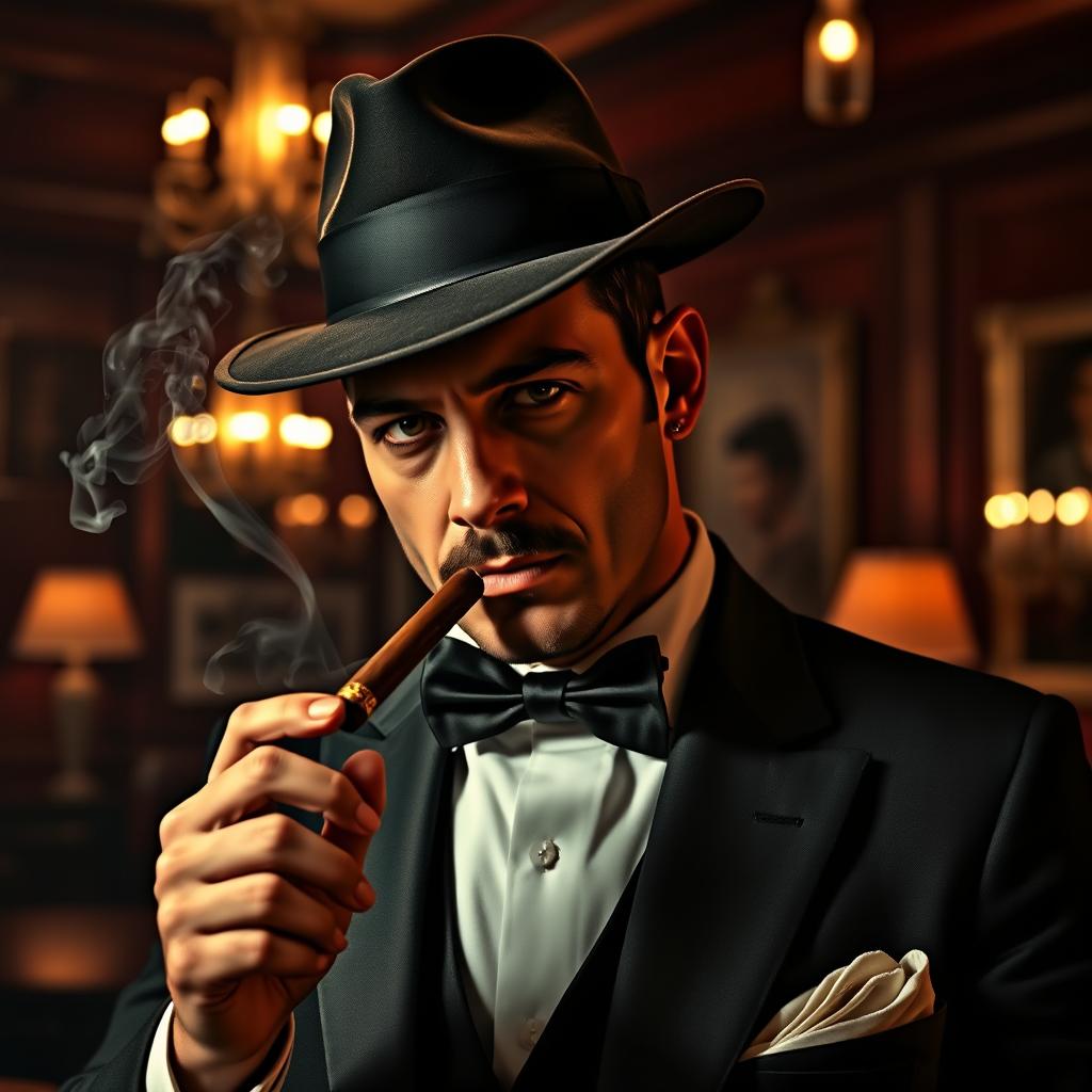 A suave, sophisticated man holding a cigar, wearing a stylish mafia hat