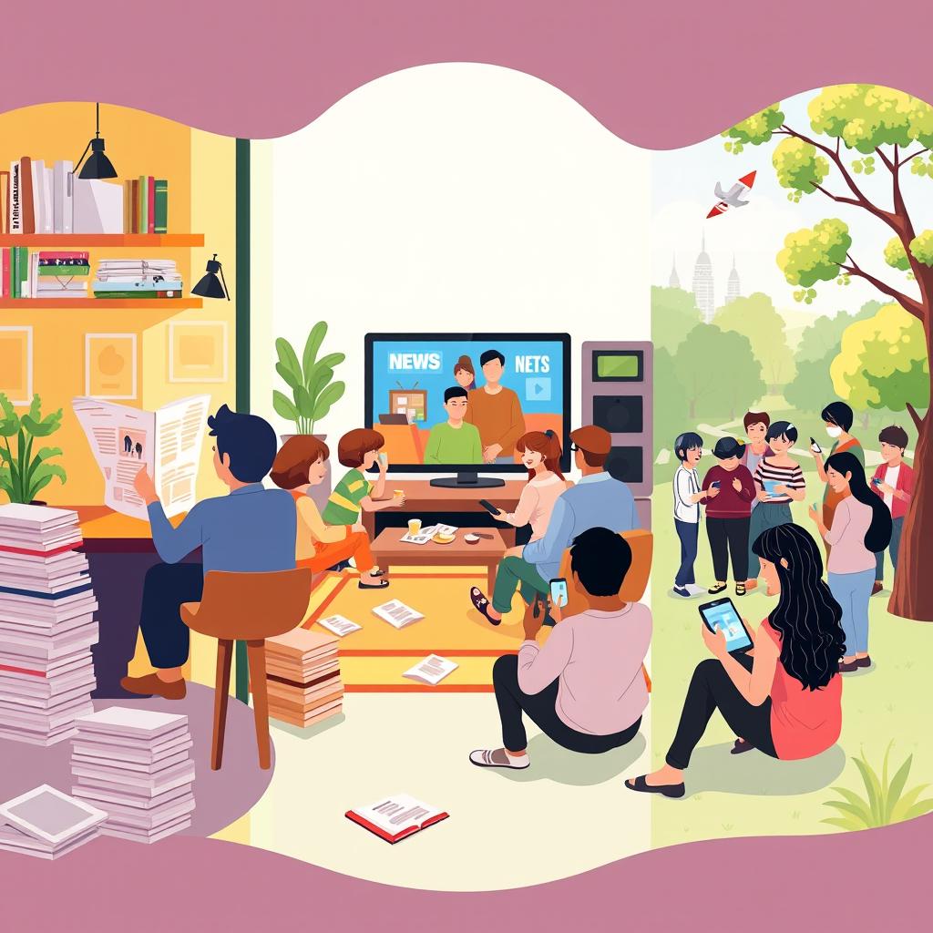 A vibrant and dynamic illustration depicting the everyday life of people interacting with various types of media
