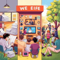 A vibrant and dynamic illustration depicting the everyday life of people interacting with various types of media