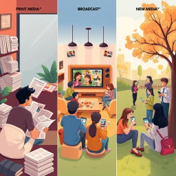 A vibrant and dynamic illustration depicting the everyday life of people interacting with various types of media