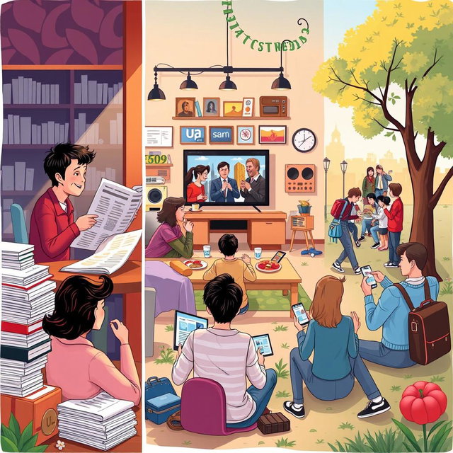 A vibrant and dynamic illustration depicting the everyday life of people interacting with various types of media