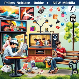 A vibrant collage depicting the influence of print media, broadcast media, and new media in the everyday life of people
