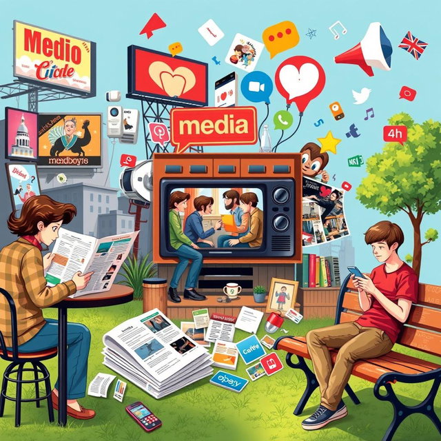 A vibrant collage depicting the influence of print media, broadcast media, and new media in the everyday life of people
