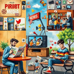 A vibrant collage depicting the influence of print media, broadcast media, and new media in the everyday life of people