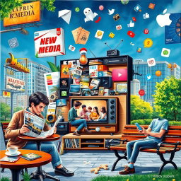 A vibrant collage depicting the influence of print media, broadcast media, and new media in the everyday life of people