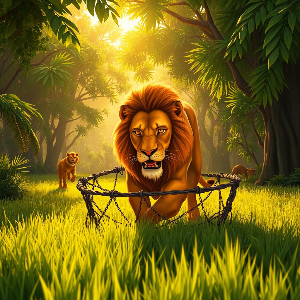 An animated image featuring a majestic big lion in a vast jungle setting