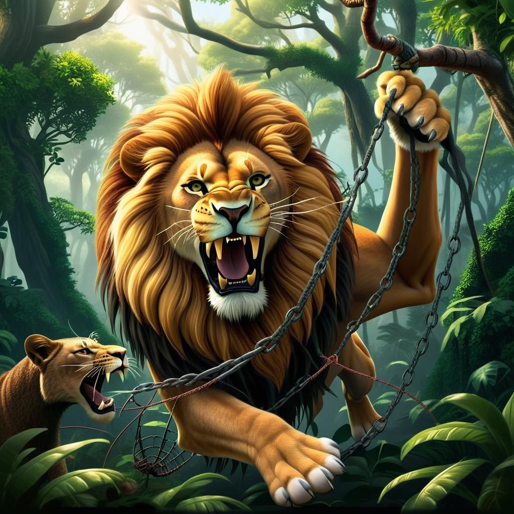 Swinging Lion in a Whimsical Jungle