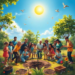 A vibrant and inspiring painting depicting a tree planting scene