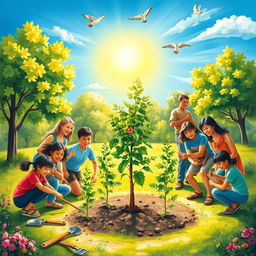 A vibrant and inspiring painting depicting a tree planting scene