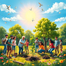 A vibrant and inspiring painting depicting a tree planting scene