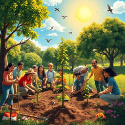 A vibrant and inspiring painting depicting a tree planting scene