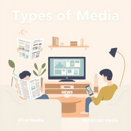 A simplified infographic style illustration representing the three types of media: print media, broadcast media, and new media