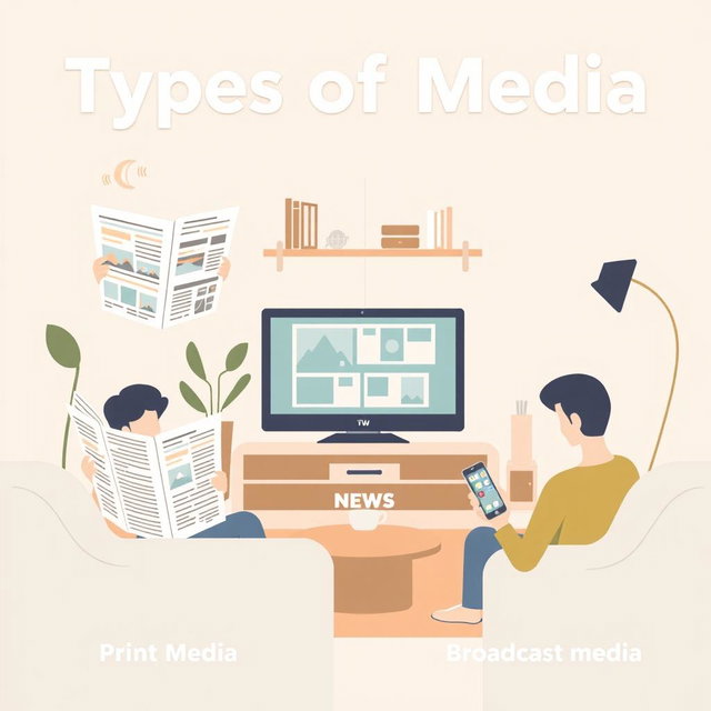 A simplified infographic style illustration representing the three types of media: print media, broadcast media, and new media