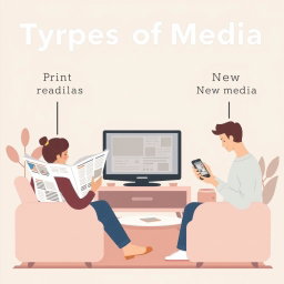 A simplified infographic style illustration representing the three types of media: print media, broadcast media, and new media