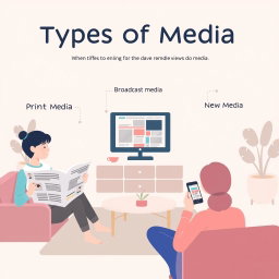 A simplified infographic style illustration representing the three types of media: print media, broadcast media, and new media