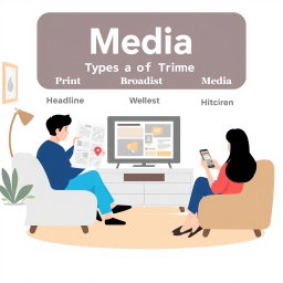A simplified infographic style illustration representing the three types of media: print media, broadcast media, and new media