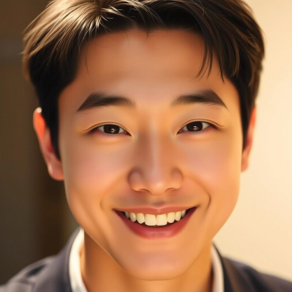 A close-up portrait of Song Jin-Woo with a bright, charming smile